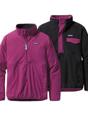 Vtg Patagonia Glissade Reversible Fleece & Nylon T Snap Pullover black magenta S